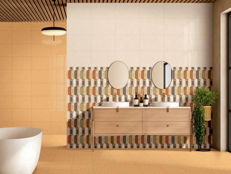 Wash basin design with beige or brown tiles